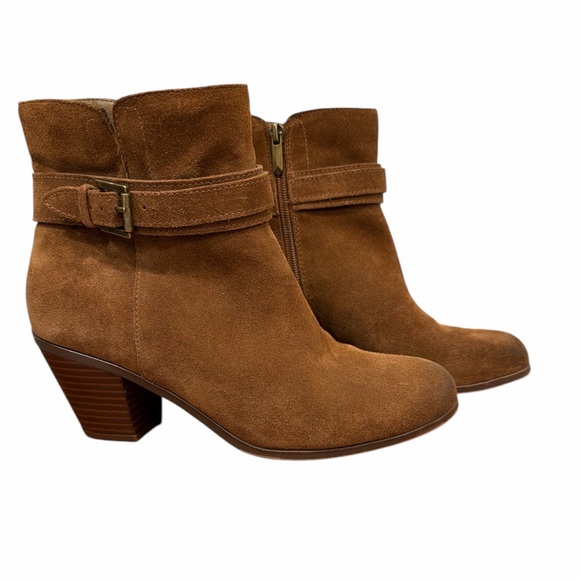 Sam Edelman Lynne Cognac Suede Ankle Booties Block Heel Buckle Zip Sz 8 - Picture 2 of 11